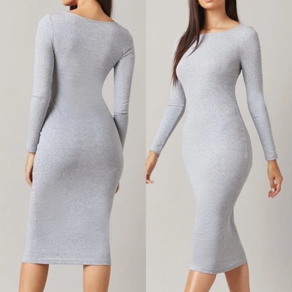 Long sleeve boat neck fitted midi dress army green - Picture 3 of 4